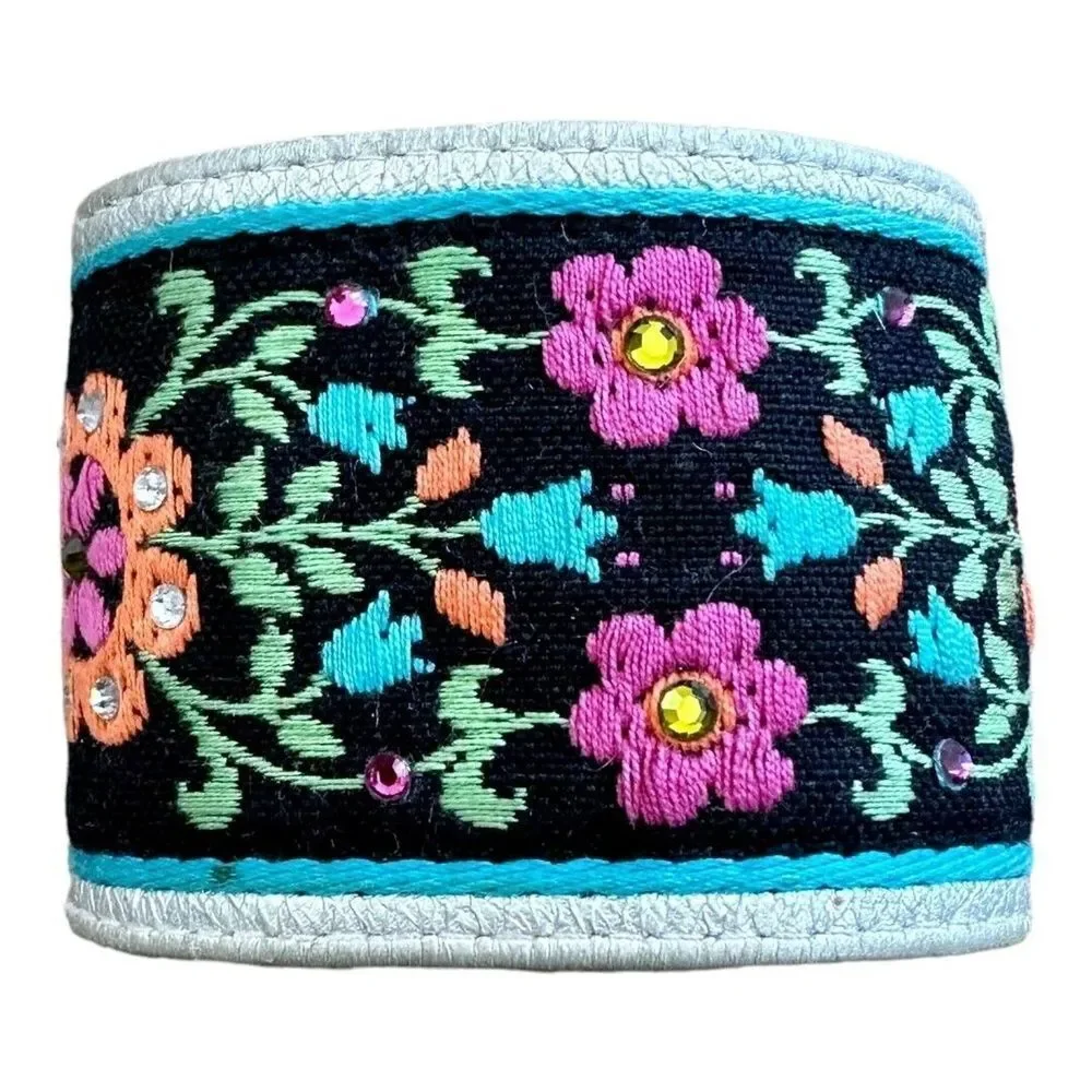 Corinne Rene Womens Embroidered Wrist Cuff Bracelet Black Blue Pink Flowers